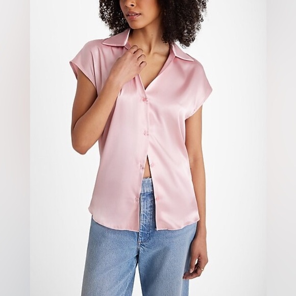 [express] satin cap sleeve button up blouse shirt silky light pink XS - Picture 6 of 10